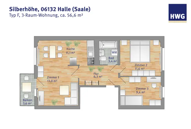 3 Zimmer Wohnung mit 57 m² in Halle (Saale) – Bild 3