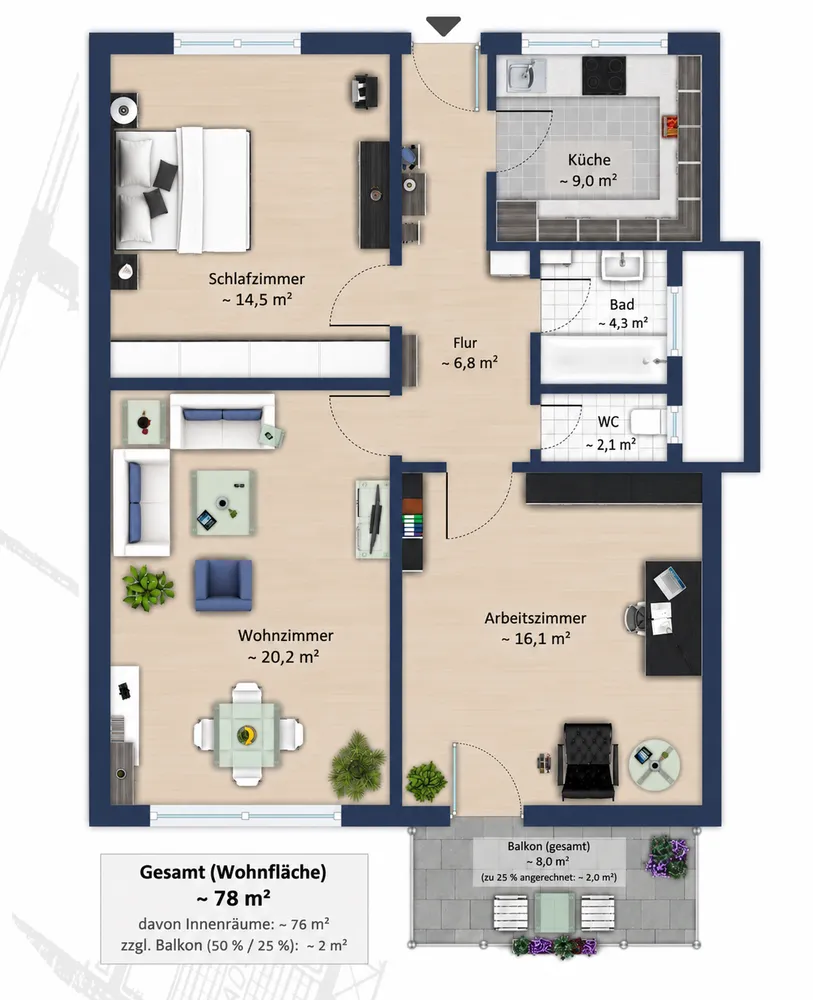 3 Zimmer Wohnung mit 78 m² in Karlsruhe – Bild 2