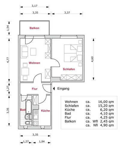 2 Zimmer Wohnung mit 48 m² in Erfurt – Bild 2