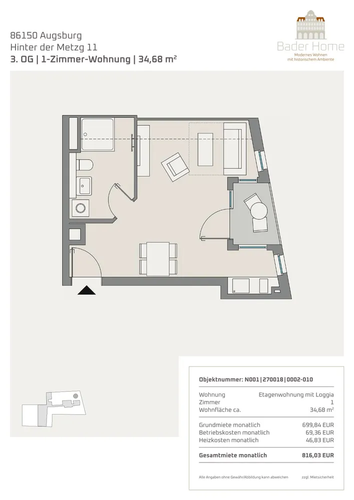 1 Zimmer Wohnung mit 35 m² in Augsburg – Bild 2