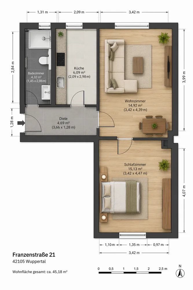 2 Zimmer Wohnung mit 45 m² in Wuppertal – Bild 2